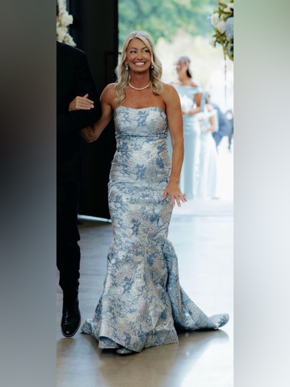 Janique Strapless Floral Brocade Mermaid Gown in Pale Blue. Mother of Bride